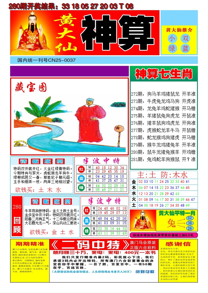 2024281期黄大仙神算A