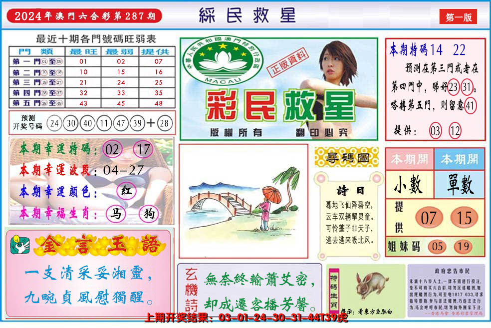 2024287期澳门彩民救星
