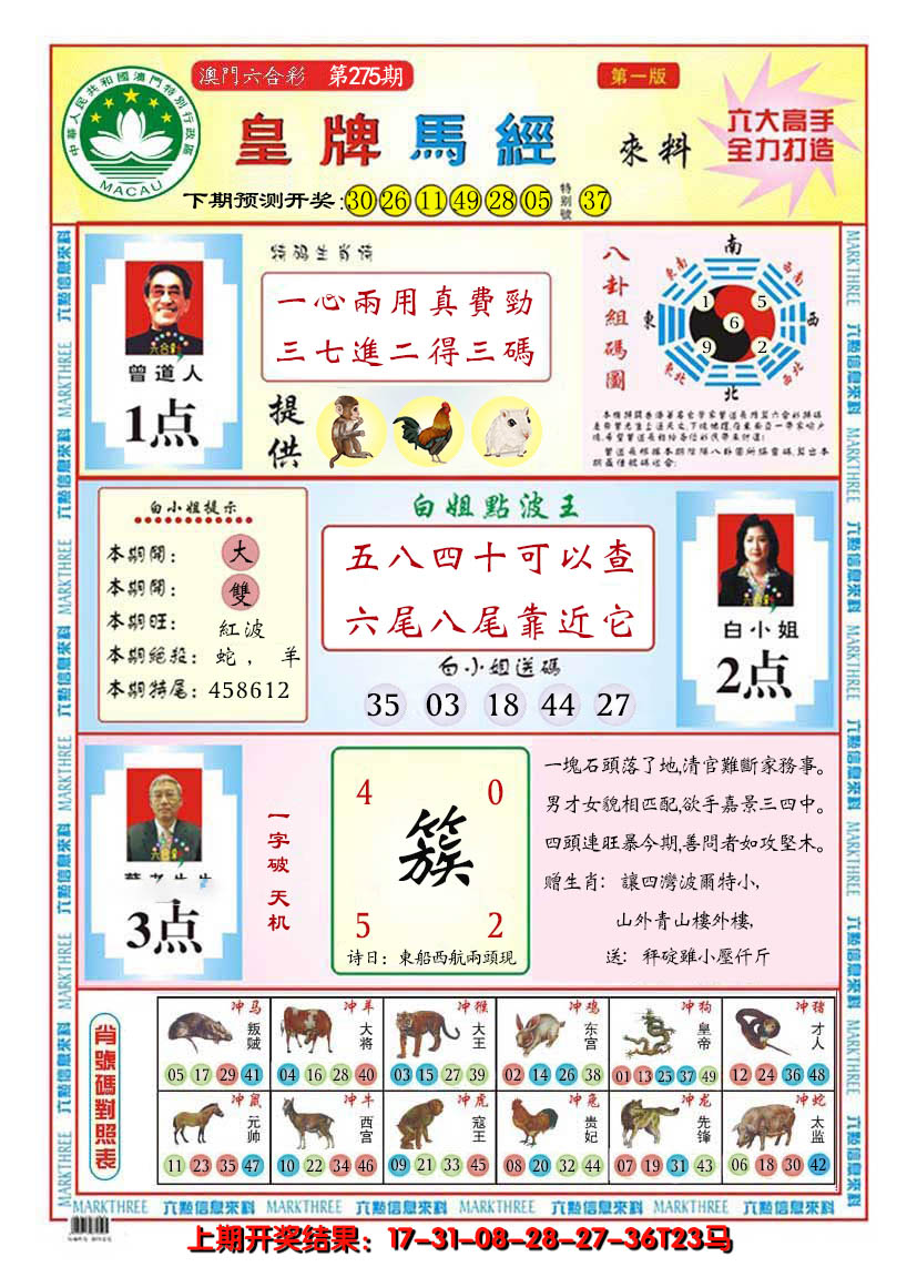 2024275期澳门皇牌马经