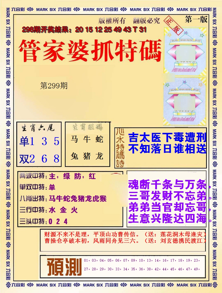 2024299期管家婆抓特码A
