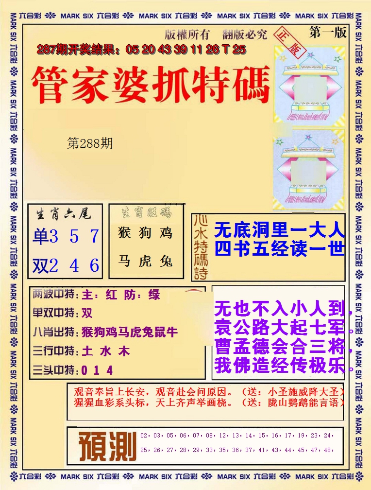 2024288期管家婆抓特码A