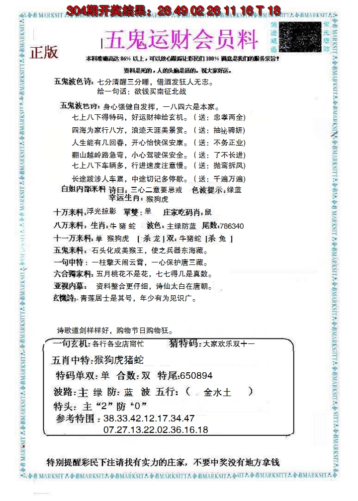 2024305期五鬼运财会员料