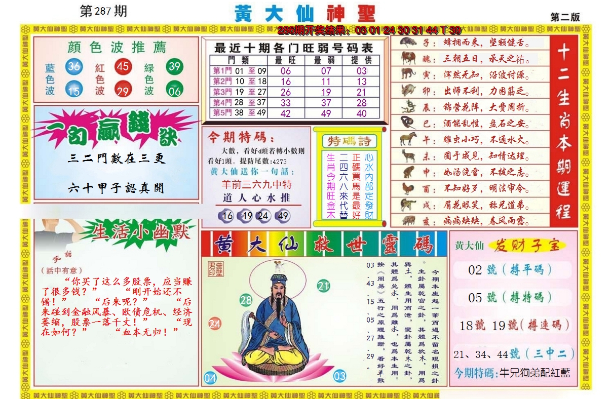 2024287期黄大仙神圣B
