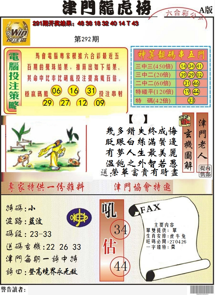 2024292期津门龙虎榜A