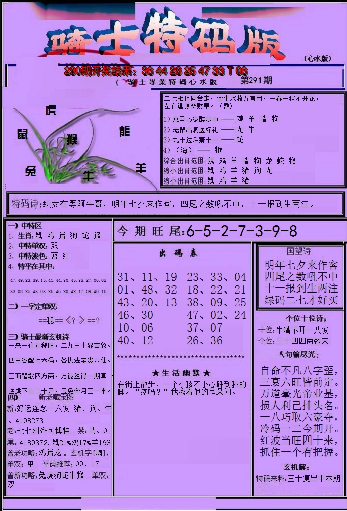 2024291期骑士特码版