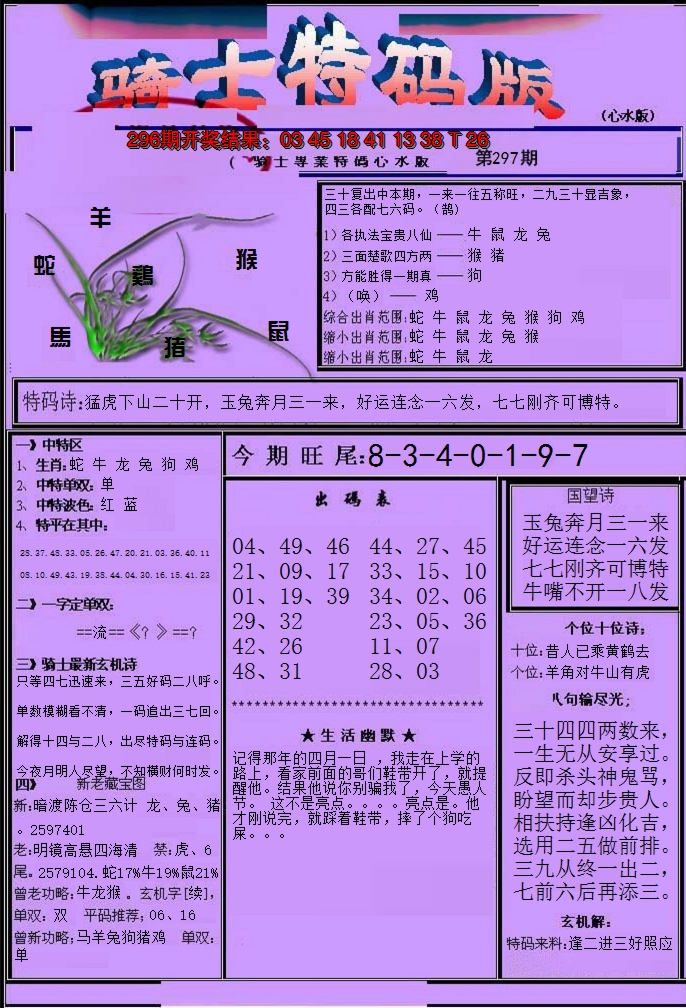 2024297期骑士特码版