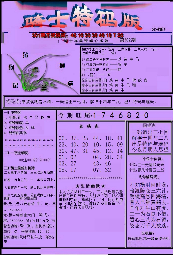 2024302期骑士特码版