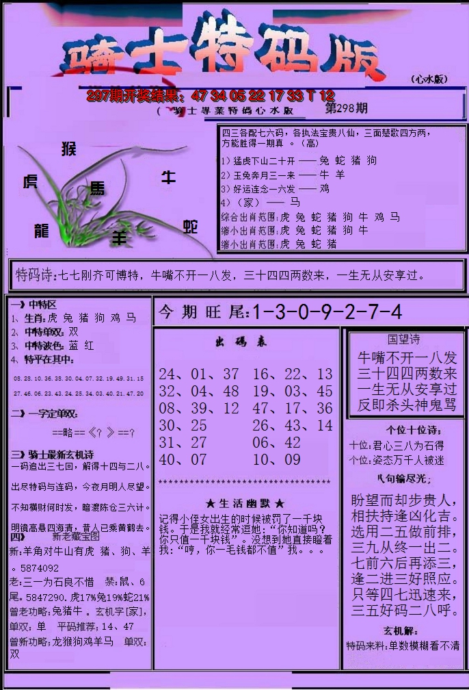 2024298期骑士特码版