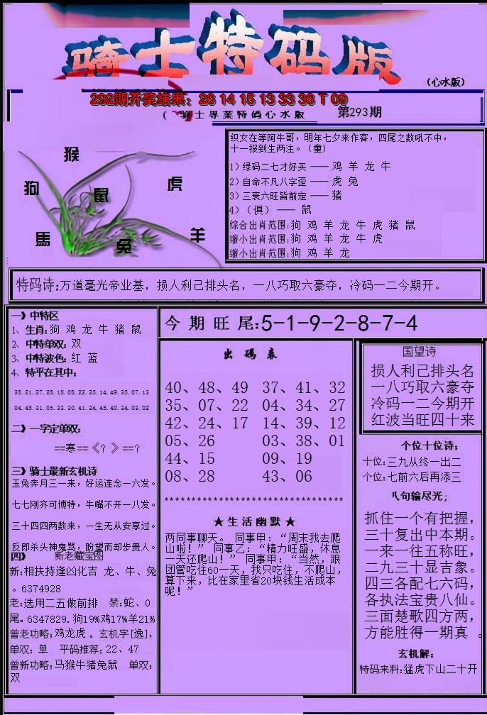 2024293期骑士特码版