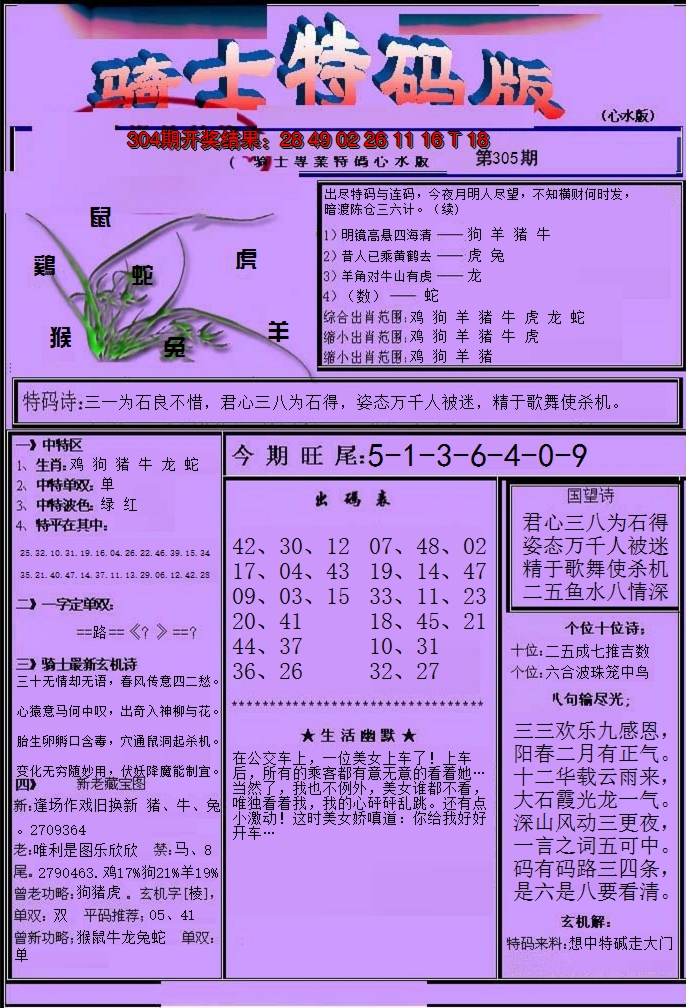 2024305期骑士特码版