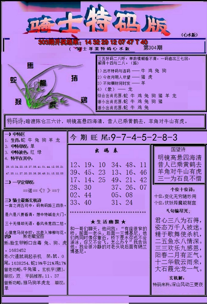 2024304期骑士特码版