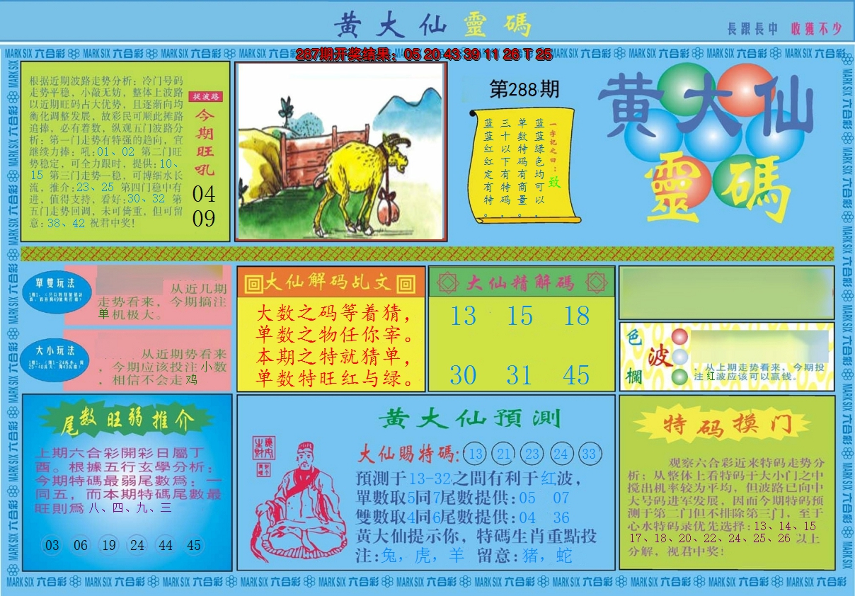 2024288期黄大仙灵码A