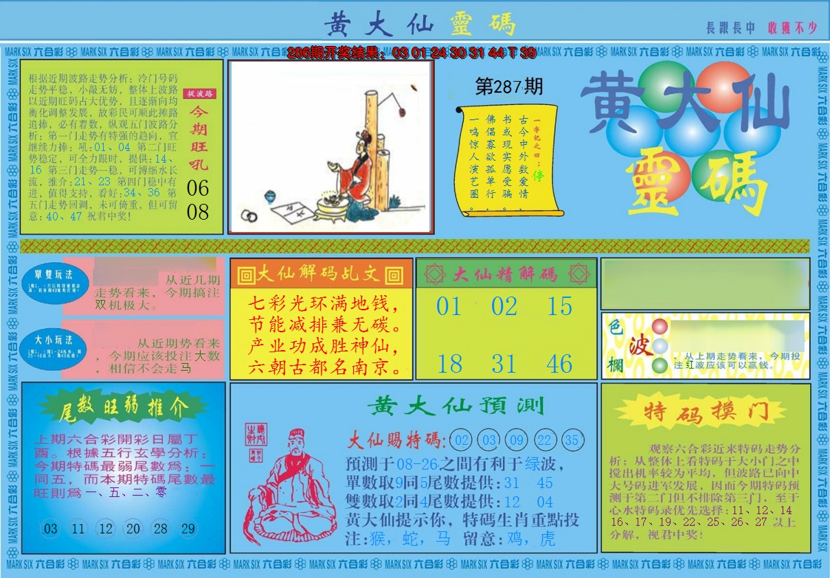2024287期黄大仙灵码A