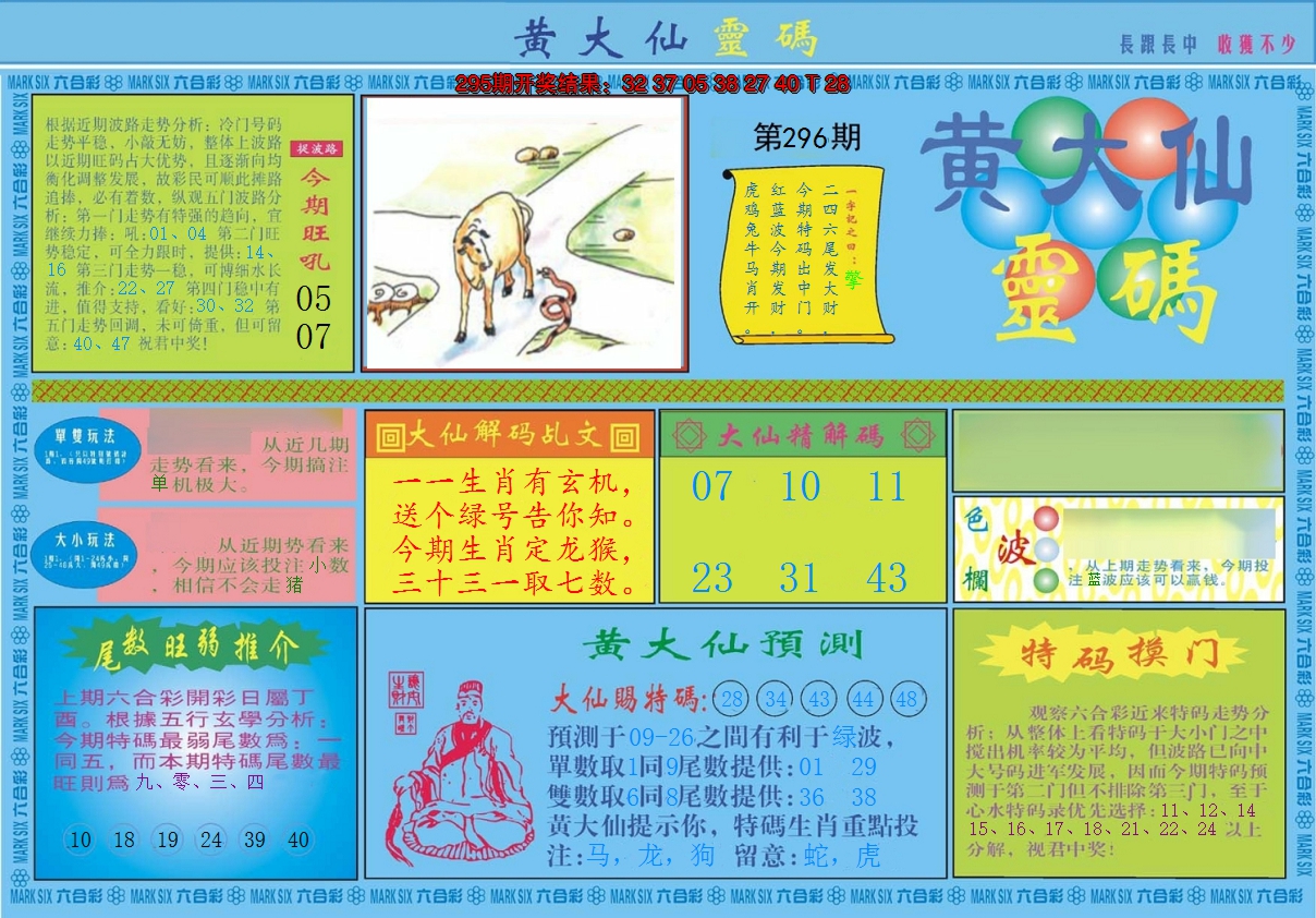 2024296期黄大仙灵码A