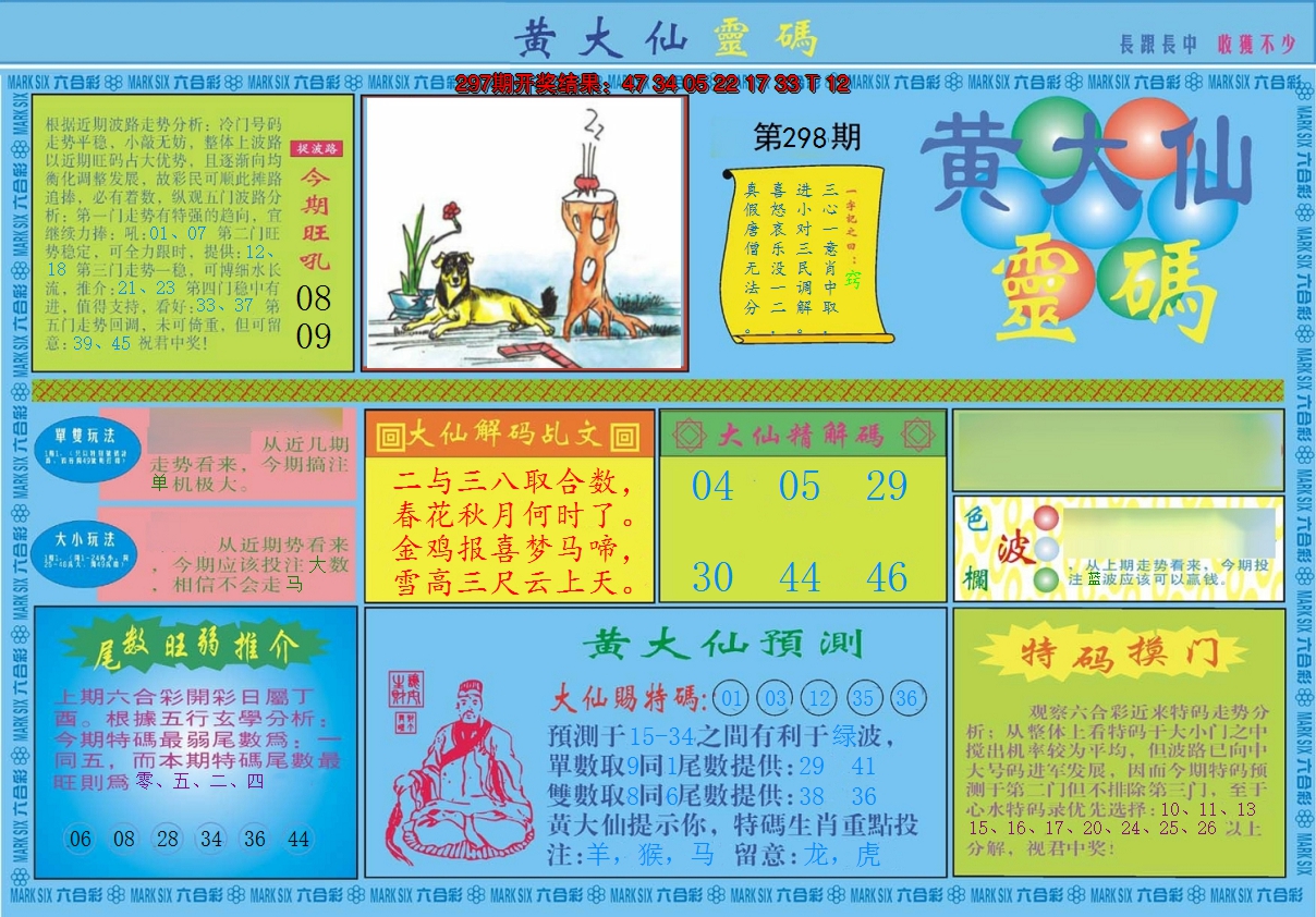 2024298期黄大仙灵码A