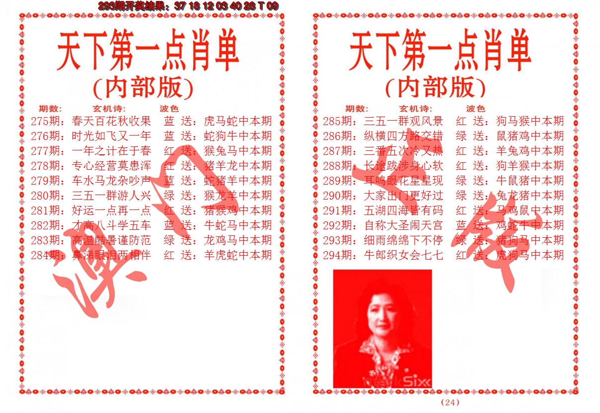 2024294期天下第一单肖单