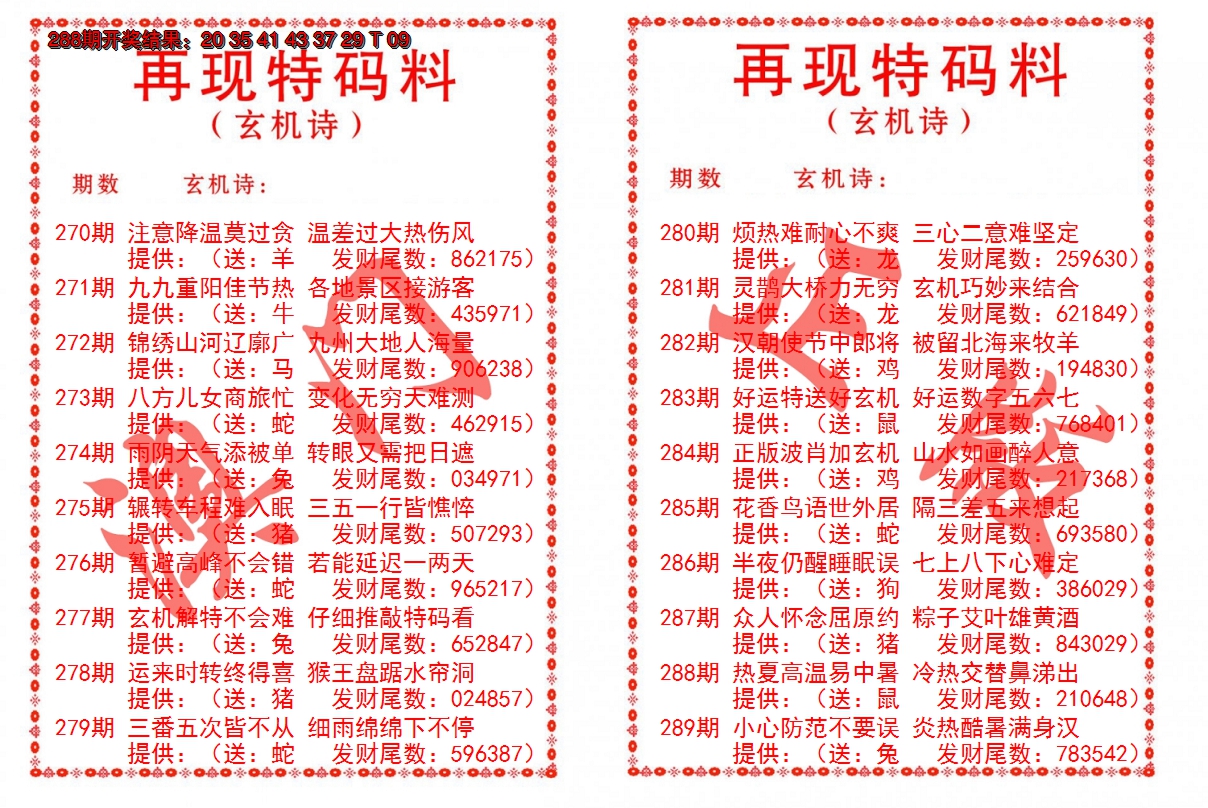 2024289期再现特码料
