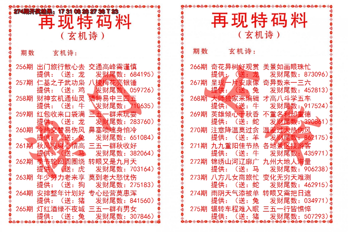 2024275期再现特码料