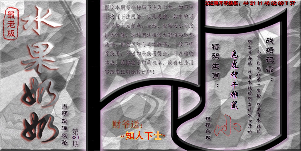 2024333期(水果奶奶单双攻略)最老版