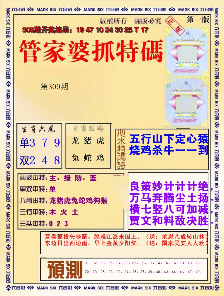 2024309期管家婆抓特码A