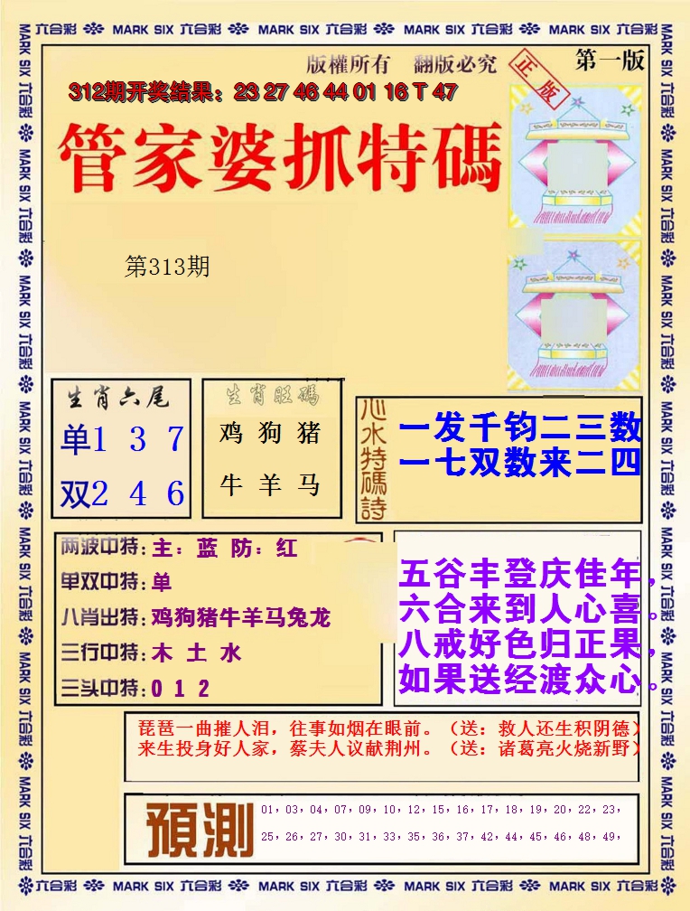 2024313期管家婆抓特码A