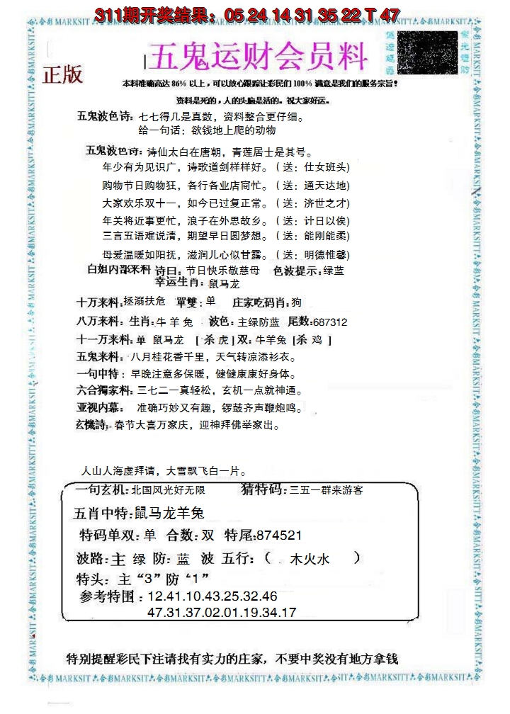 2024312期五鬼运财会员料