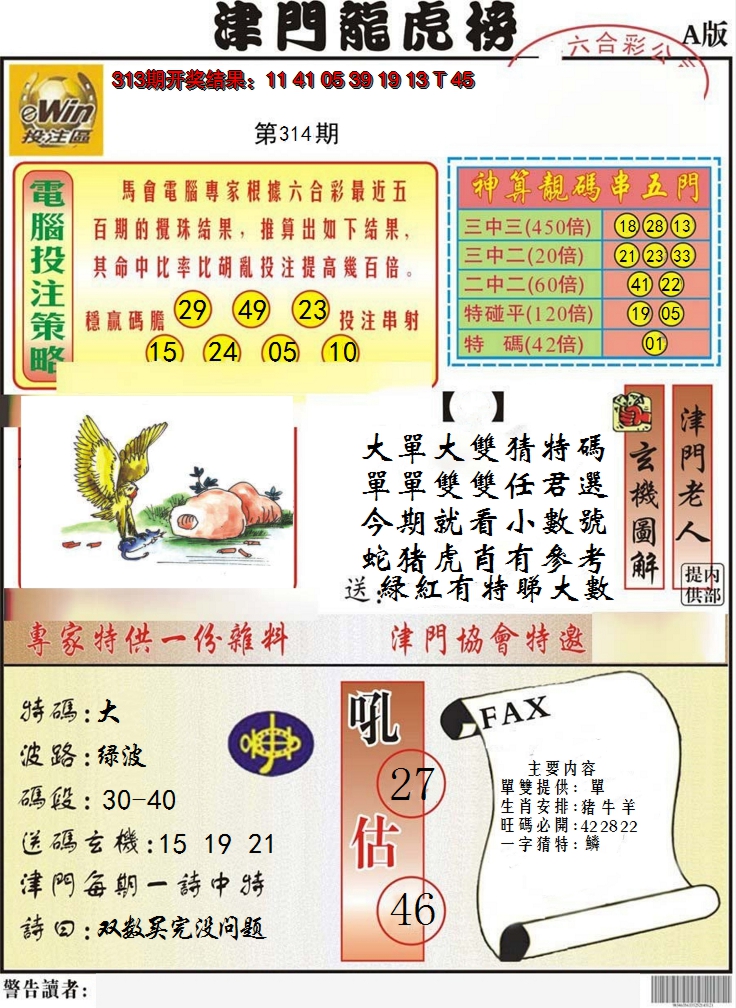 2024314期津门龙虎榜A