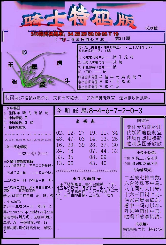 2024311期骑士特码版