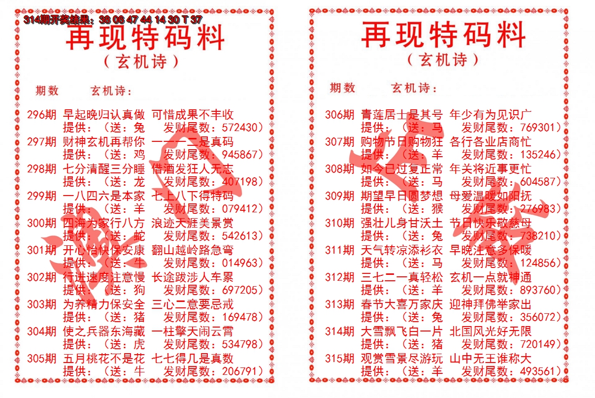 2024315期再现特码料