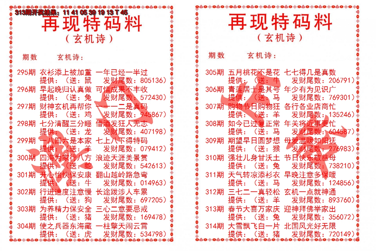2024314期再现特码料
