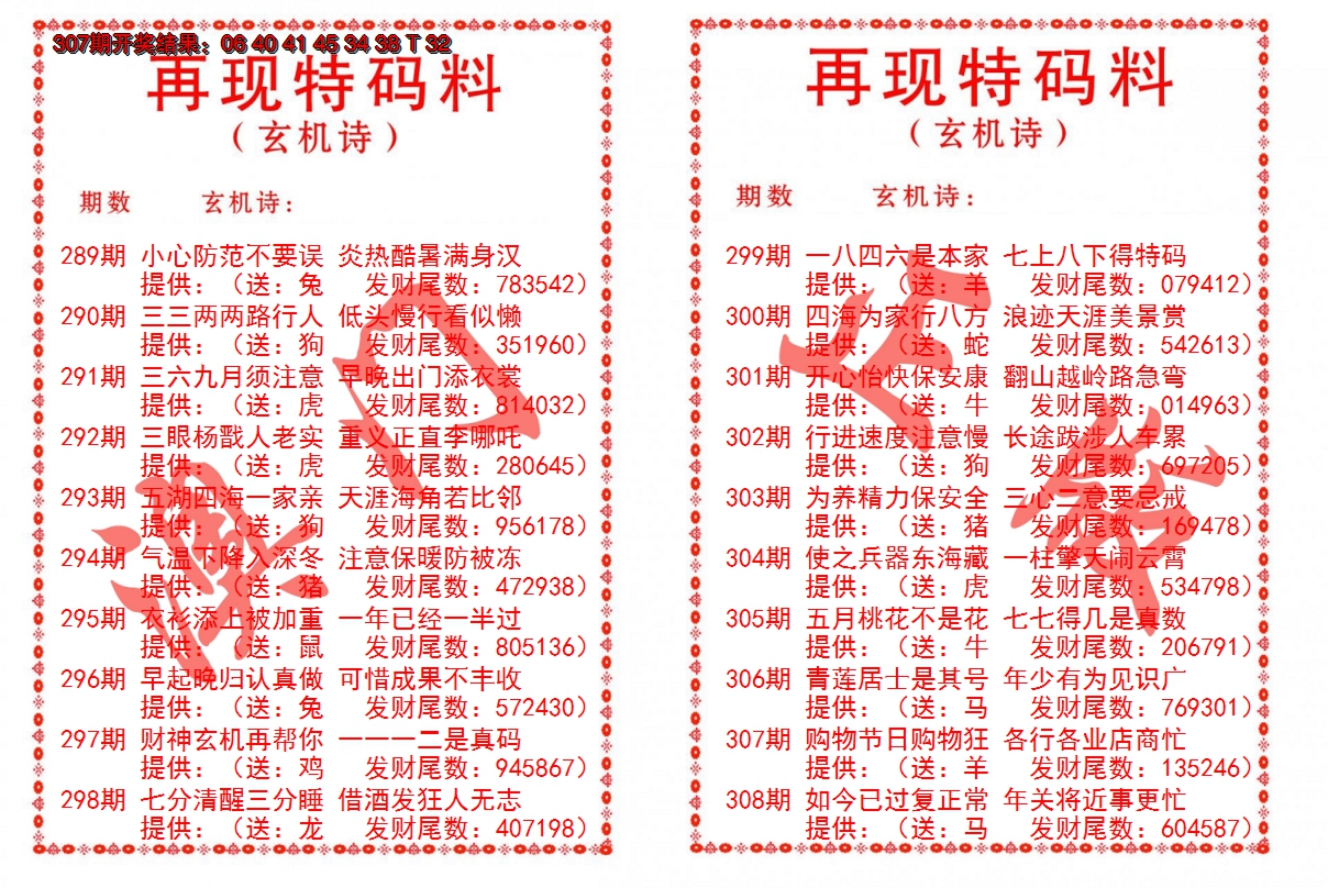2024308期再现特码料