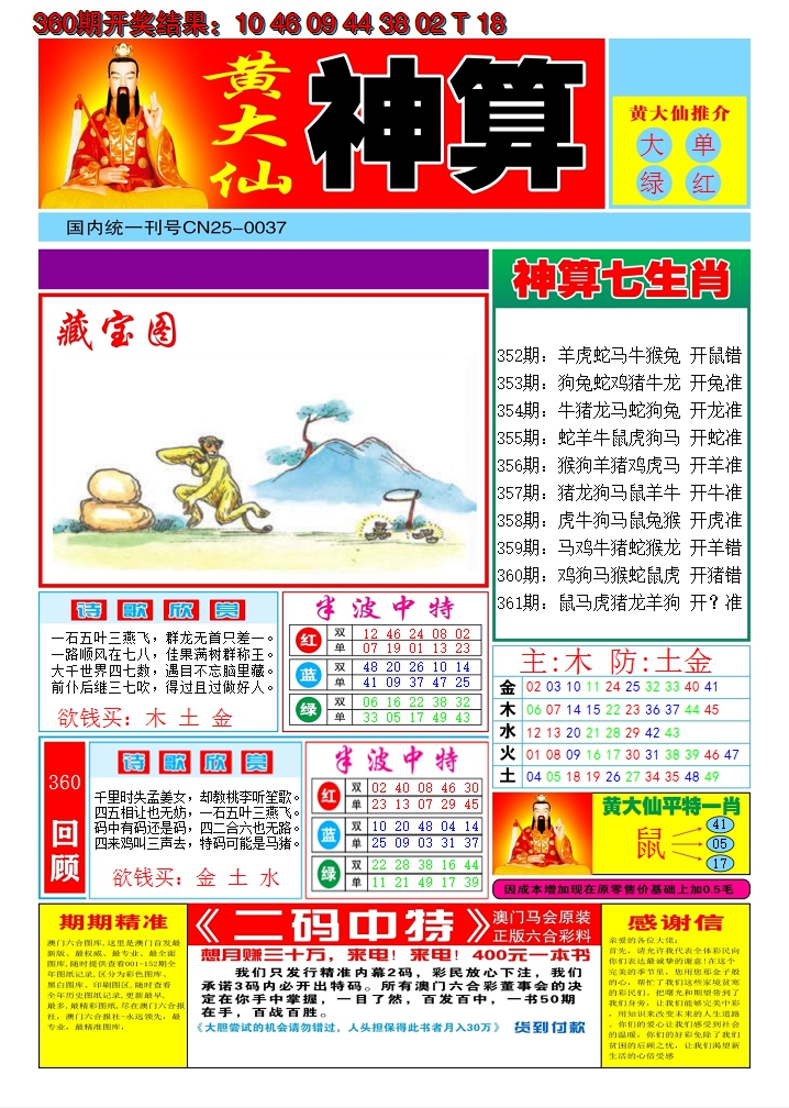 2024361期黄大仙神算A