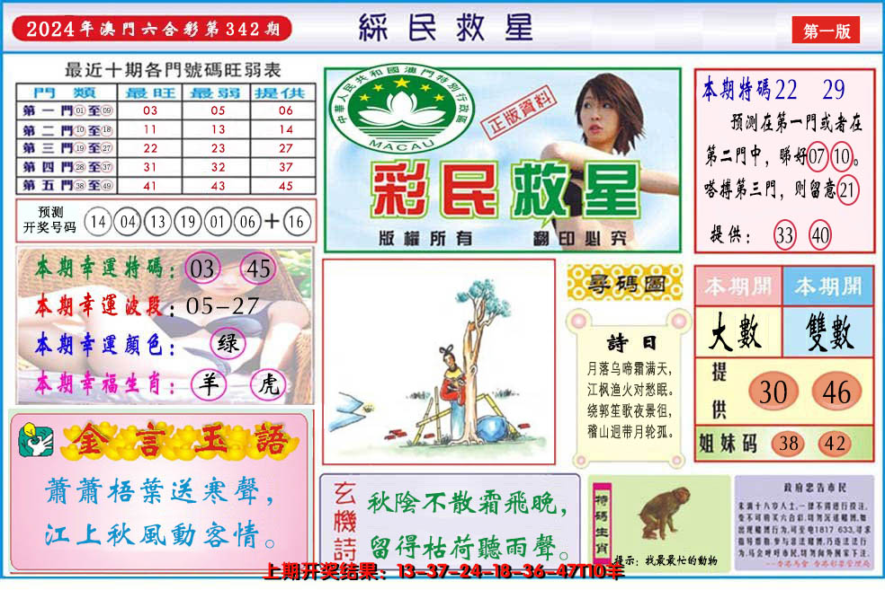 2024342期澳门彩民救星