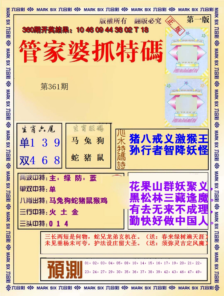 2024361期管家婆抓特码A