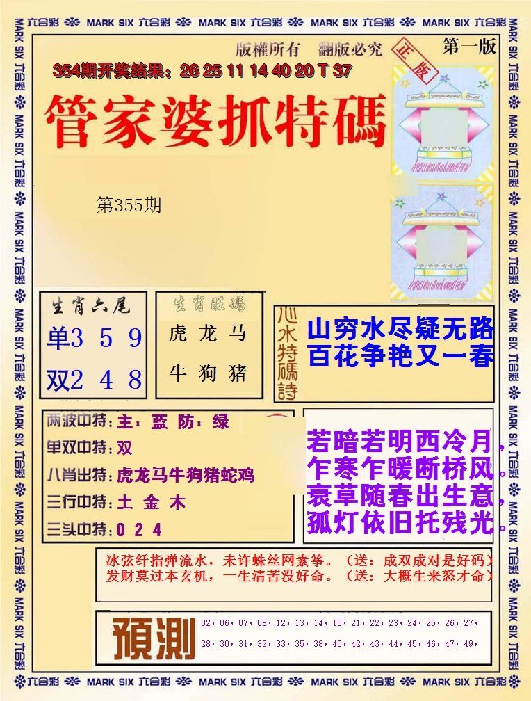 2024355期管家婆抓特码A