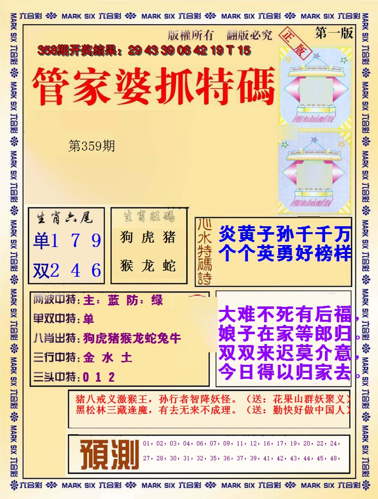 2024359期管家婆抓特码A