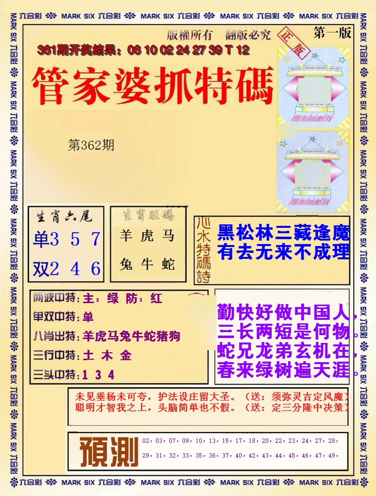 2024362期管家婆抓特码A