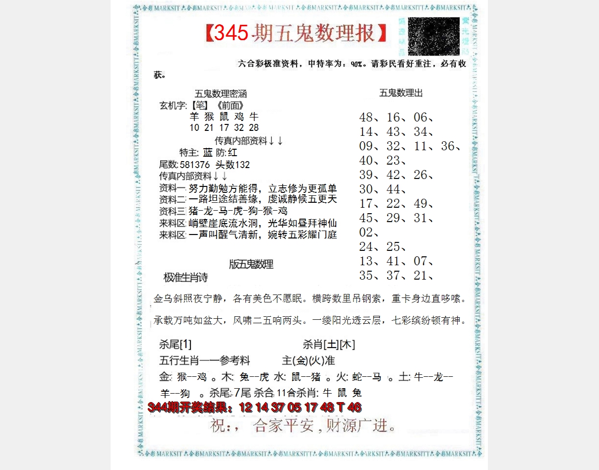 2024345期五鬼数理报