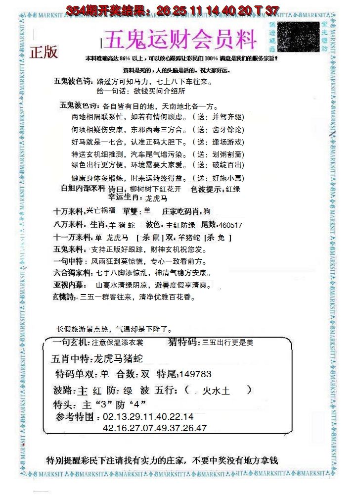 2024355期五鬼运财会员料