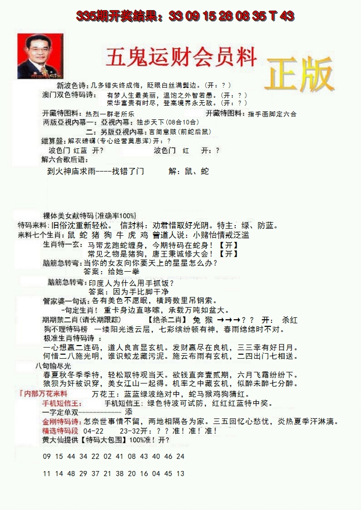 2024336期正版五鬼运财会员料