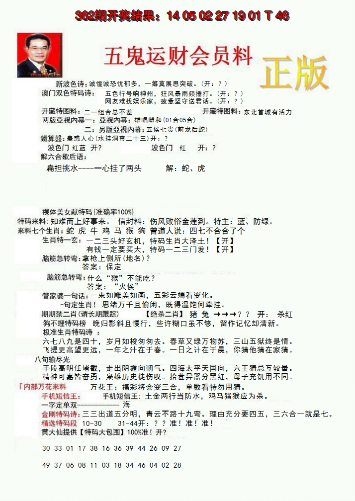 2024363期正版五鬼运财会员料