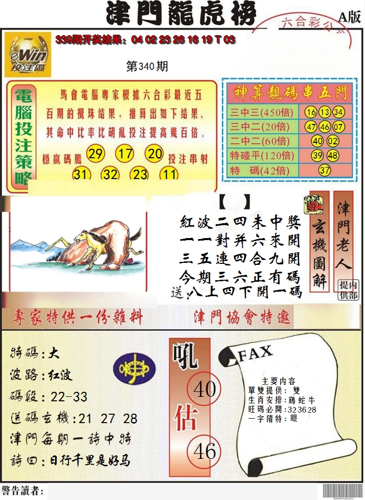 2024340期津门龙虎榜A