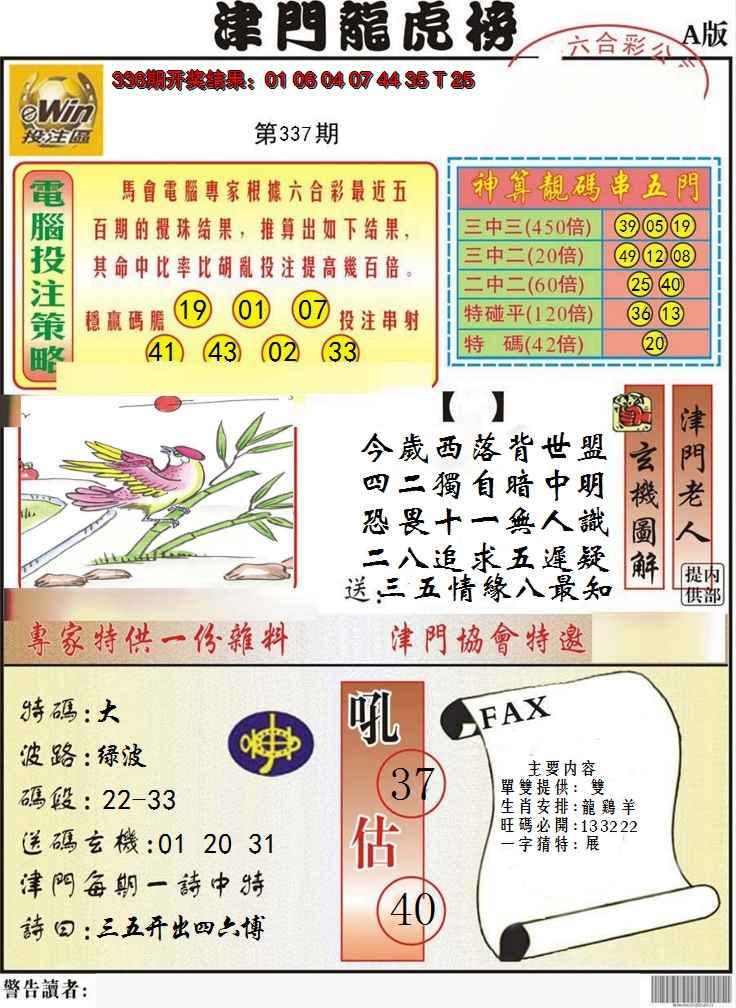 2024337期津门龙虎榜A
