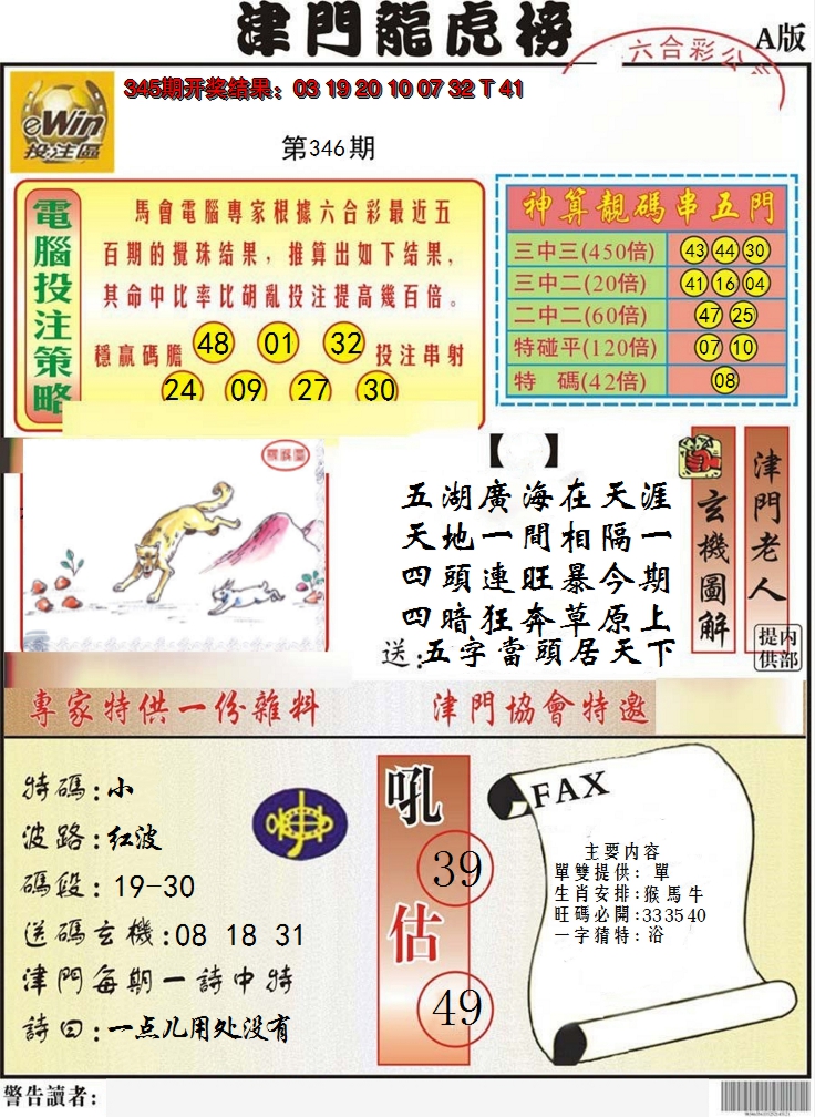 2024346期津门龙虎榜A