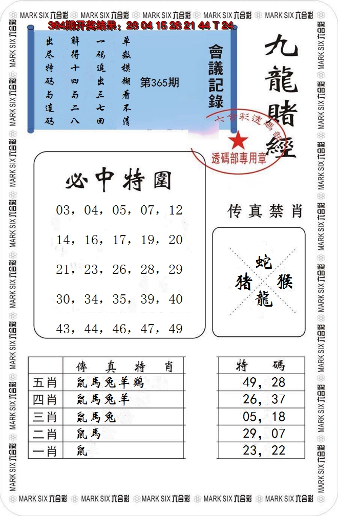2024365期九龙赌经