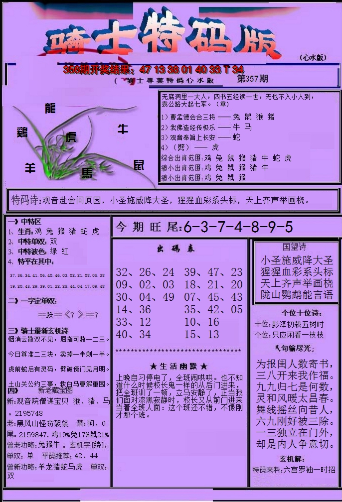 2024357期骑士特码版