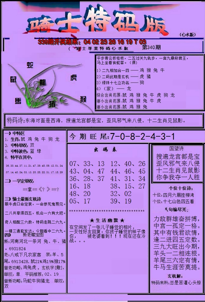 2024340期骑士特码版