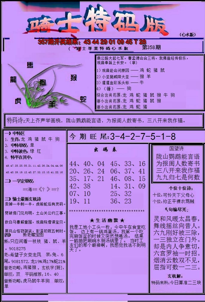 2024358期骑士特码版