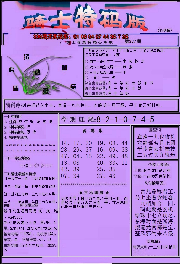 2024337期骑士特码版