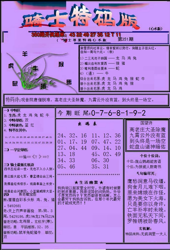 2024351期骑士特码版